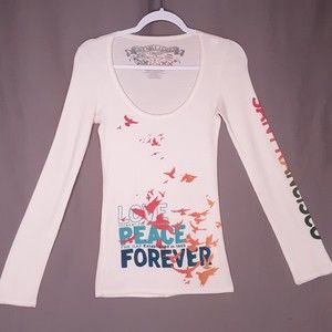 Gap Graphic Tee Shirt Waffle Knit Ivory Long Sleeve Size Small
